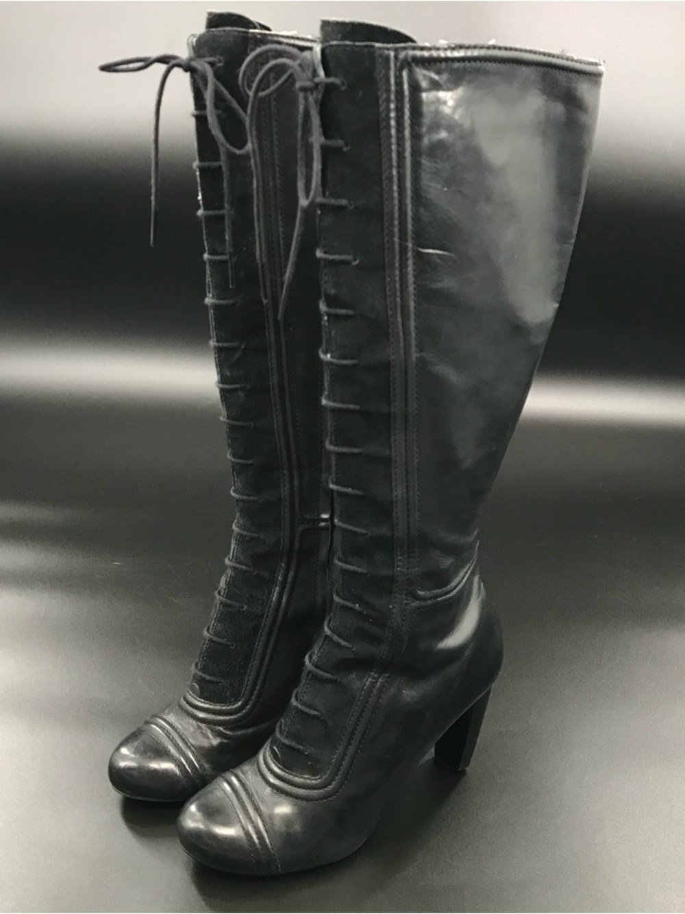 Max Studio Women's Black Lace-Up Knee High Heeled Boots Size 7